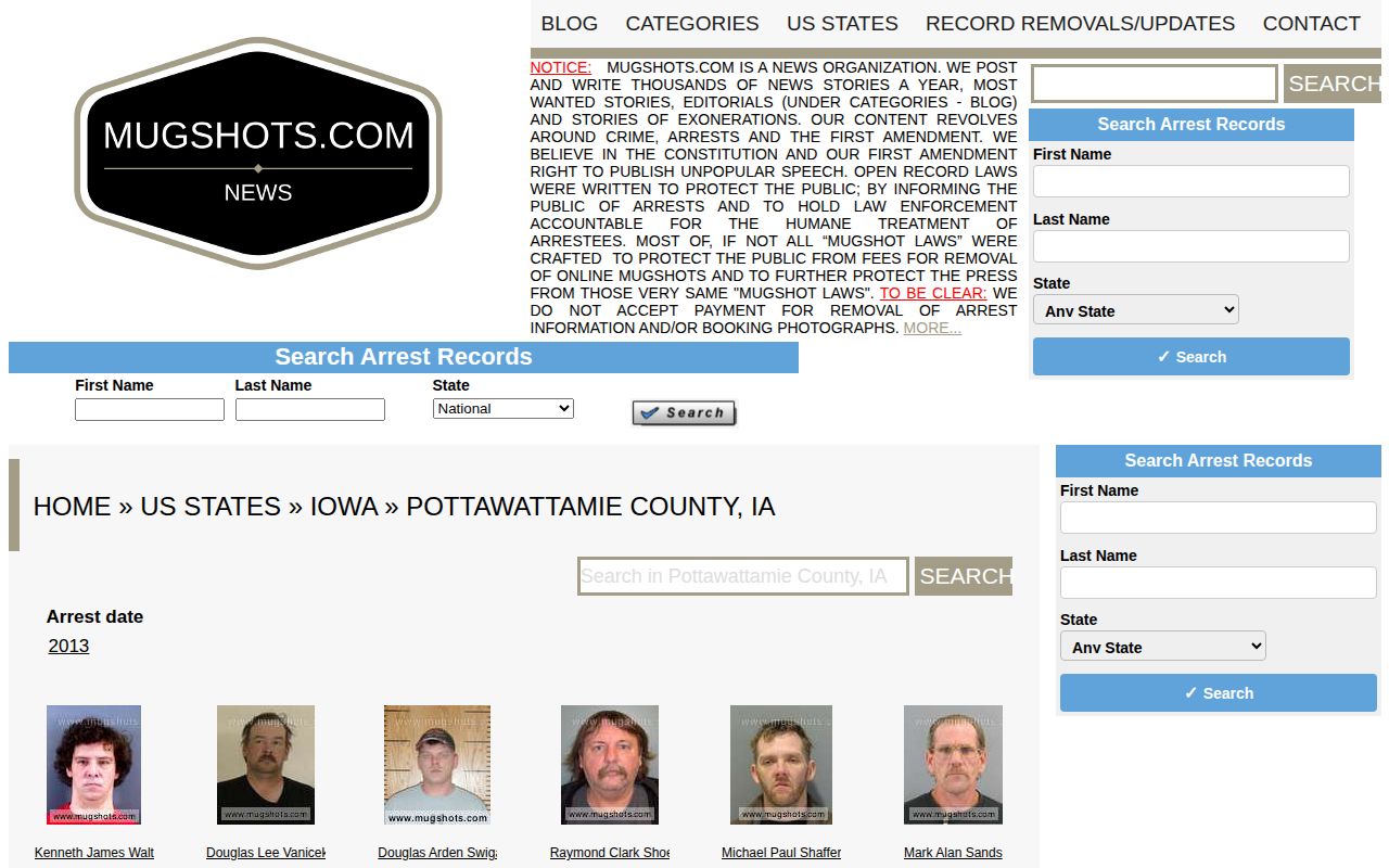 Stale 2013 Pottawattamie County mugshot archive on Mugshots.com